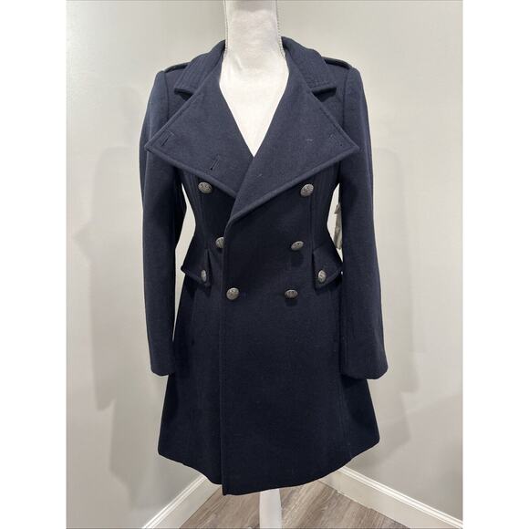 NWT MODA International Wool-Blend Double-Breasted Trench Coat Navy Womens Sze 0P